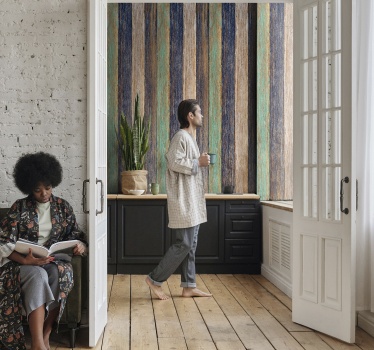 Papel mural dormitorio efecto laminado azul y marrón - TenVinilo