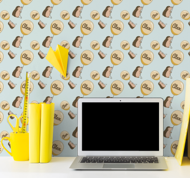 Papel mural infantil erizos con globos y nombre - TenVinilo