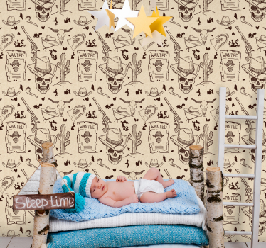 Papel mural vintage se busca diseño de calavera de vaquero - TenVinilo