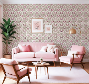 Papel mural barroco patrón de mariposas rosadas - TenVinilo