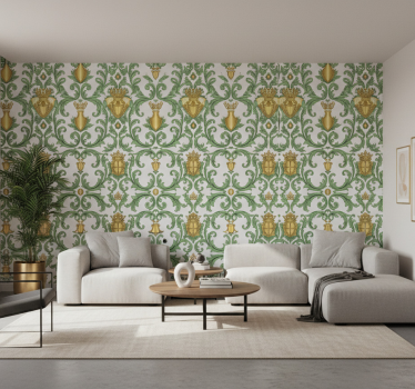 Papel mural barroco verde y dorado ornamental - TenVinilo