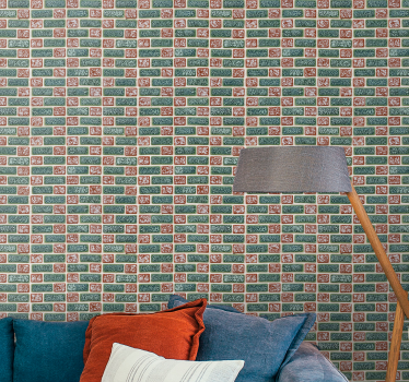 Papel mural ladrillos patrón verde y rojo - TenVinilo
