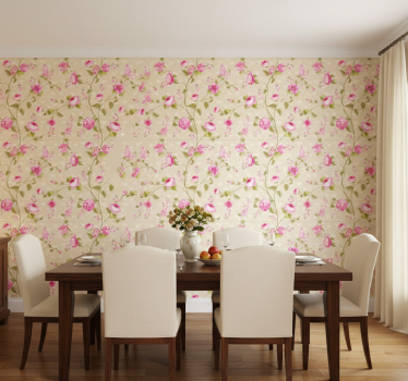 Papel mural comedor enredadera floral rosa - TenVinilo