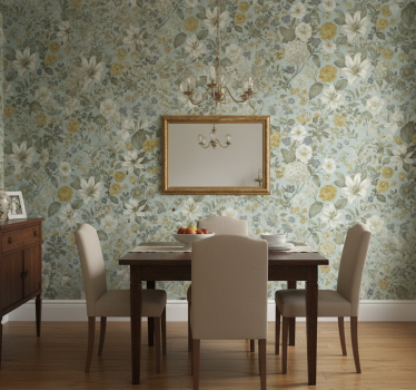 Papel mural comedor flores en tono oliva - TenVinilo