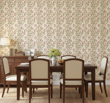 Papel mural comedor hojas florales de bayas - TenVinilo