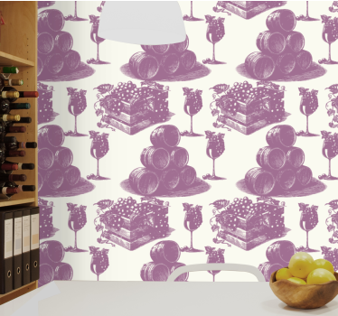 Papel mural rústico uvas y barriles - TenVinilo