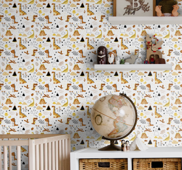 Papel mural infantil dinosaurios y patrón de volcán - TenVinilo