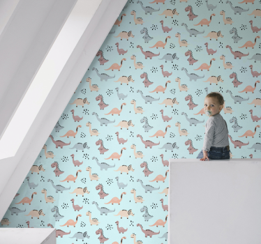 Papel mural infantil azul dinosaurios amarillos y verdes - TenVinilo