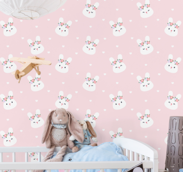 Papel pintado animales Conejos lindos sobre fondo rosa - TenVinilo
