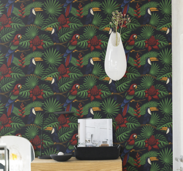 Papel pintado animales Loros y plantas de la selva oscura - TenVinilo