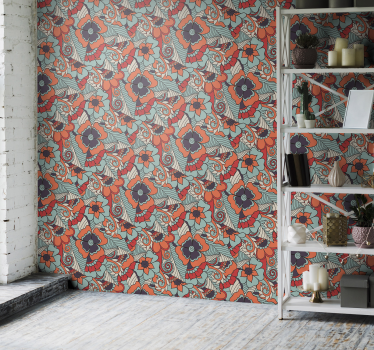 Papel pared de flores azules y verdes - TenVinilo