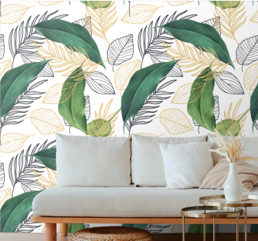Papel pintado flores elegantes hojas doradas - TenVinilo