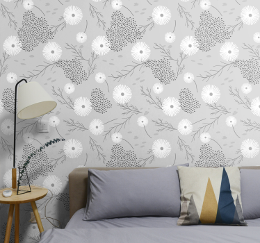 Papel pintado de flores Flores blancas sobre fondo gris claro - TenVinilo
