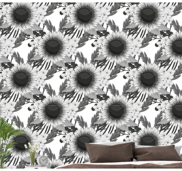 Papel pintado de flores Girasoles en blanco y negro - TenVinilo