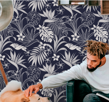 Papel pintado de flores Hojas y flores tropicales oscuras - TenVinilo