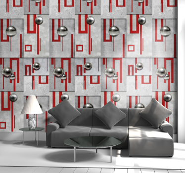 Papel pintado hormigón gris rayas rojas con esferas - TenVinilo