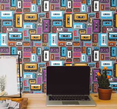 Papel pintado vintage Patrón de cinta de cassette retro de los 80 - TenVinilo